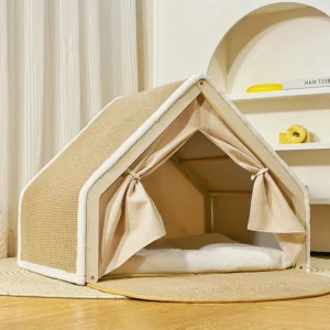 Eco friendly Wooden Triangle Cat House with Cat Scratching Board Soft Cushion Indoor Pet Tent Luxury Cat Hideout Furniture