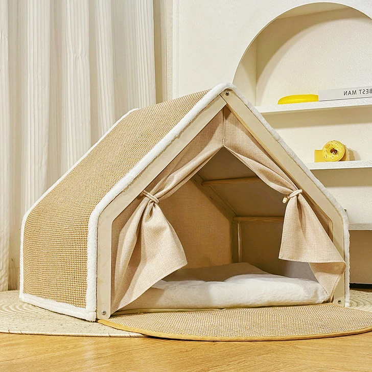Eco friendly Wooden Triangle Cat House with Cat Scratching Board Soft Cushion Indoor Pet Tent Luxury Cat Hideout Furniture