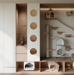 Elegant Integrated Custom Pet Furniture with Feeding Station for High End Villa Whole House Pet Area Customization