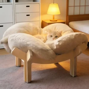 Elevated Cat Bed Wooden Pet Couch Sofa with Fluffy Cushion Raised Lounge Chair Cat Furniture Cat House Indoor Pet Sofa Bed