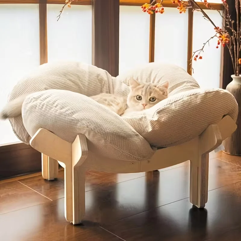 Elevated Cat Bed Wooden Pet Couch Sofa with Fluffy Cushion Raised Lounge Chair Cat Furniture Cat House Indoor Pet Sofa Bed