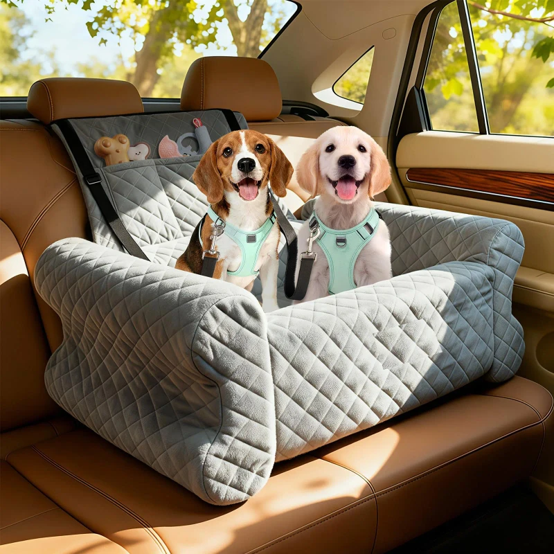 Elevated Dog Booster Seat Winter Fashion Detachable Washable Pet Car Seat with Safety Belts & Storage Pockets