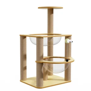 Elliptical Double Layer Cat Tree Beige Wood Sisal Scratching Post with Double Space Capsule Cat Bed Eco Friendly No Sawdust