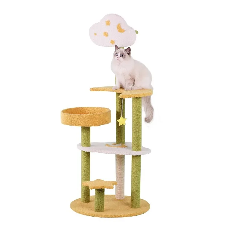 Extra Large Eco Friendly All Seasons Cat Scratching Post Space Capsule Design Enclosed Wood Bed Sisal Cartoon Cat Tree Scratcher