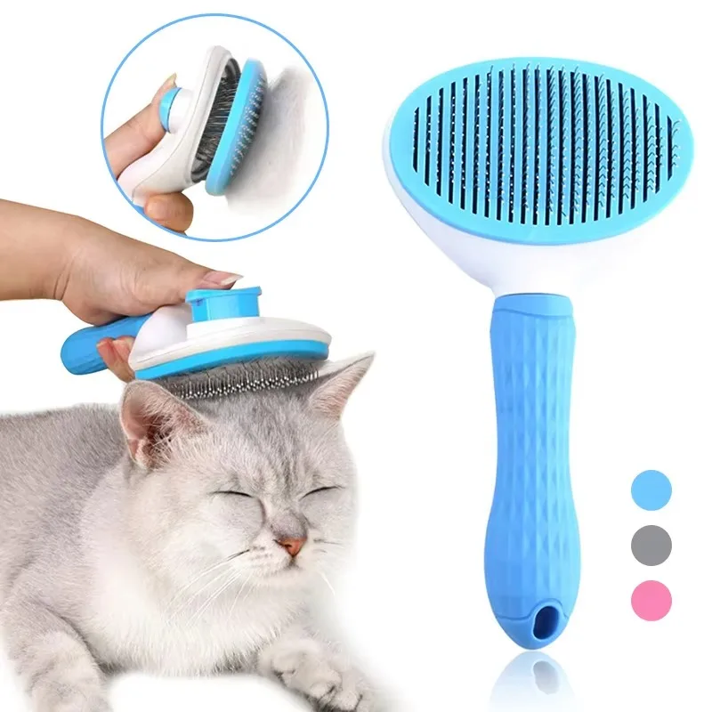 Factory Custom Dog Cat Hair One Key Remove Plastic Comb Pet Massage Shedding Remover Self Cleaning Grooming Brush