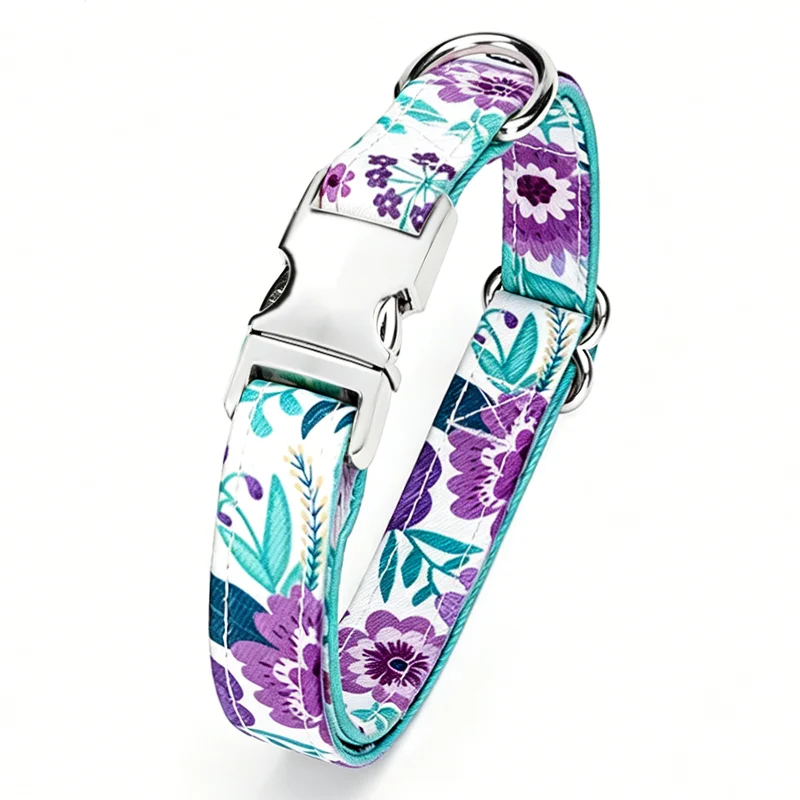 Factory Custom High Quality Dog Collar Polyester Custom Print Private Label Dog Collar with Bow with Silver Buckle Pet Collar