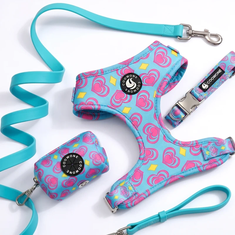 Factory Custom LOGO Neoprene Dog Harness Leash Set Heart Print Step in Harness Vest Padded Soft Custom Pet Harness for Small Dog
