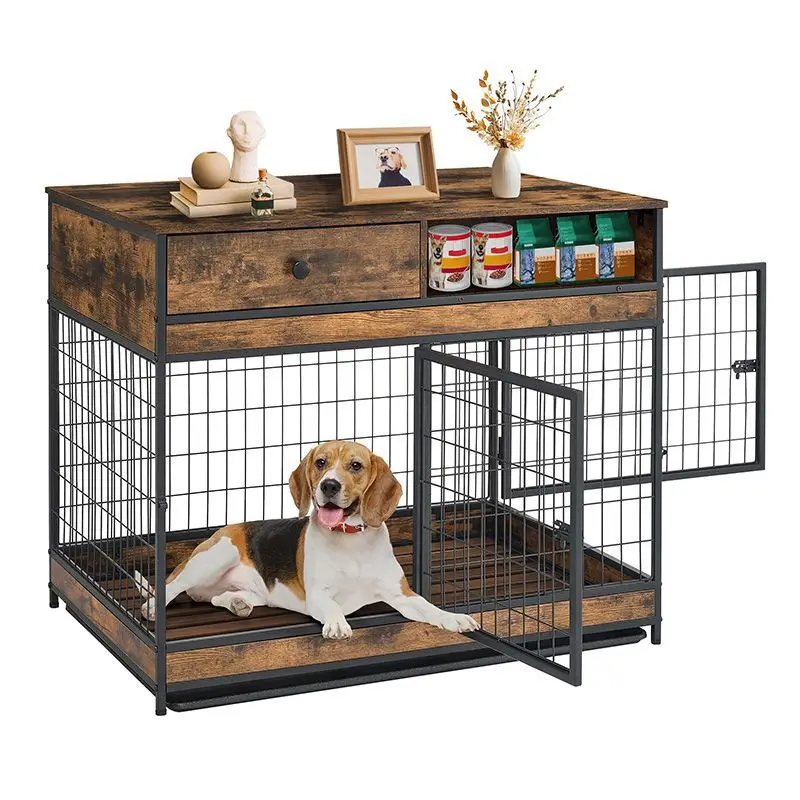 Factory Direct Customizable Wood Solid Dog Crate Furniture with Drawers Double Door Pet Cage House for Small Medium Sized Dogs