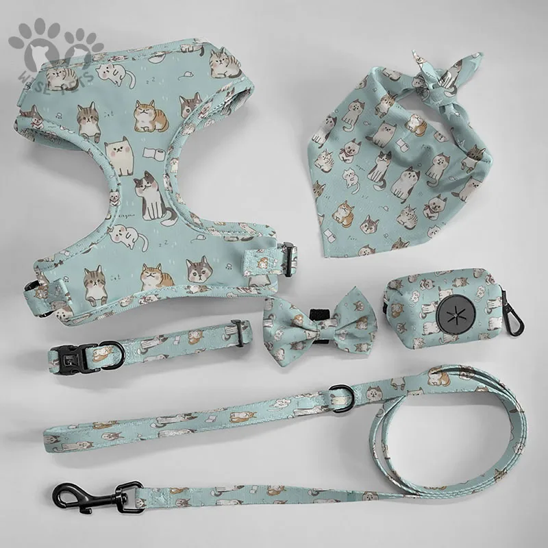 Factory Dogs Collar Leash Harness Set Pet Supplies Comfortable Polyester Printed Dog Chest Accessories Breathable Mesh Harness