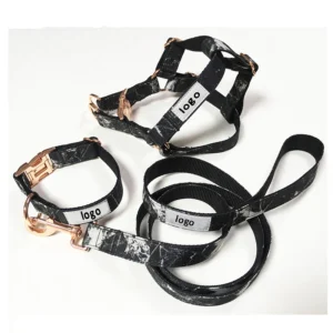 Factory Luxury Marble Pattern Dog Harness Leash Collar Set with Rose Gold Buckle Nylon Eco Friendly