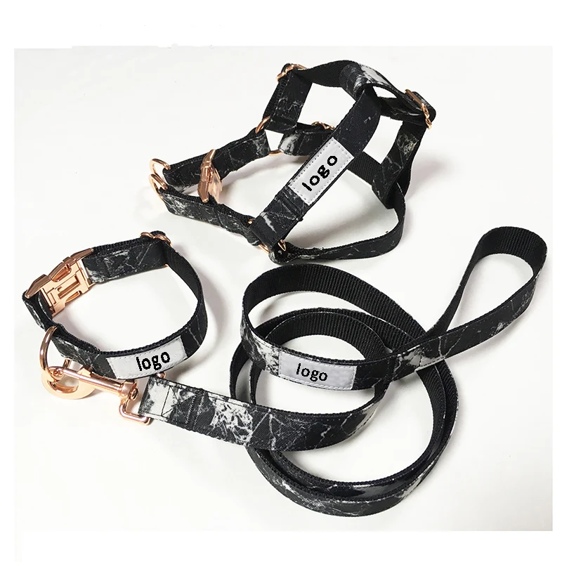 Factory Luxury Marble Pattern Dog Harness Leash Collar Set with Rose Gold Buckle Nylon Eco Friendly