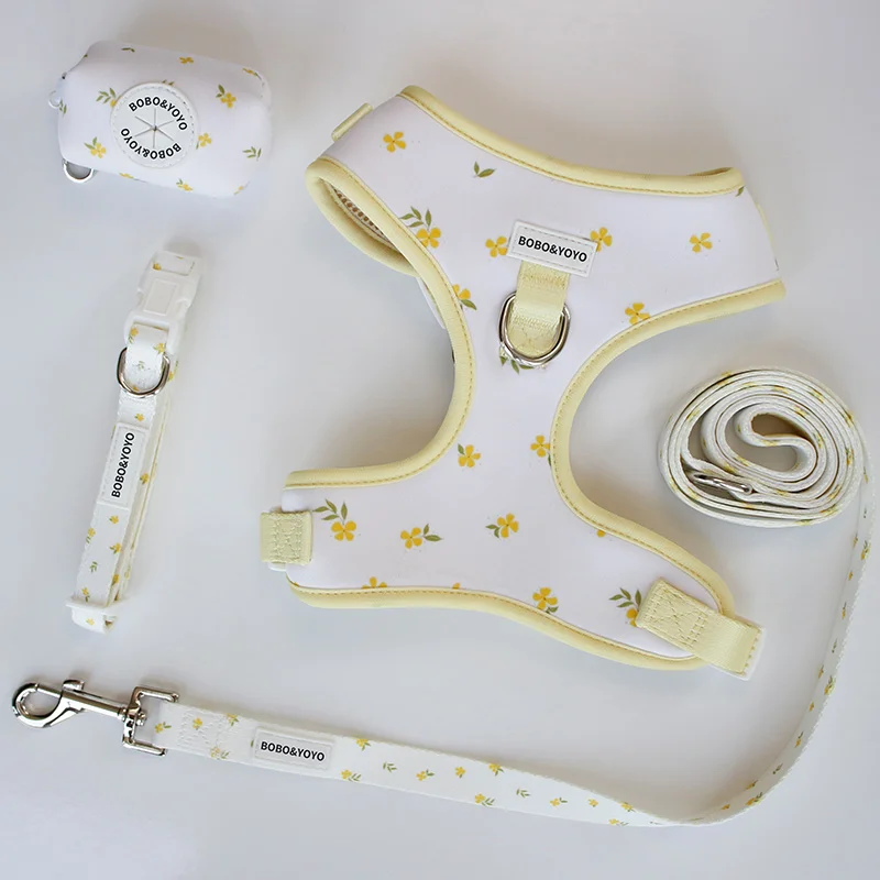 Factory Manufacturer Pet Supplies Dog Harness Set Custom Print Design Logo Neoprene Pet Cat Dog Harness Leash Collar Set
