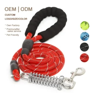 Factory Outdoor EVA Material Reflective Nylon Coarse Round Rope Pet Leashes with Metal Spring for Large Dog Walking