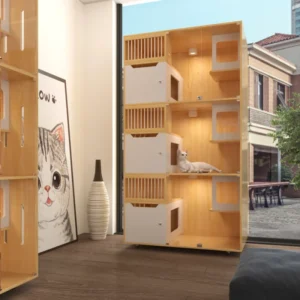 Factory Price Commercial Large Luxury Gray Solid Wood Glass Breathable Button All Season Pet Cat House Furniture Indoor