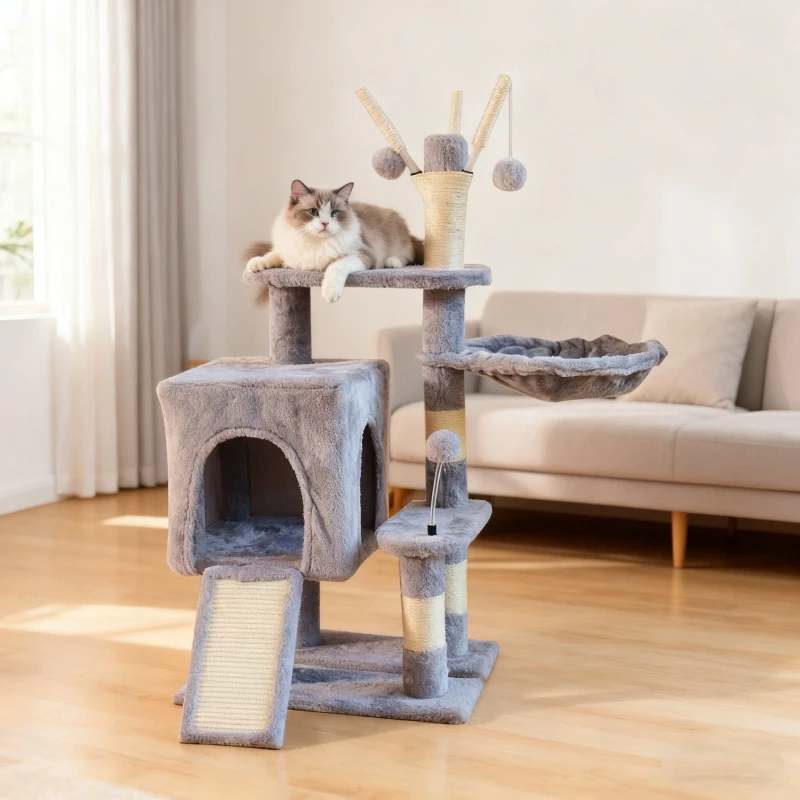 Factory Supplies Fashion Design Minimalist Wooden Cat Tree for Large Cats with Plush Small Footprint Scratcher Tower