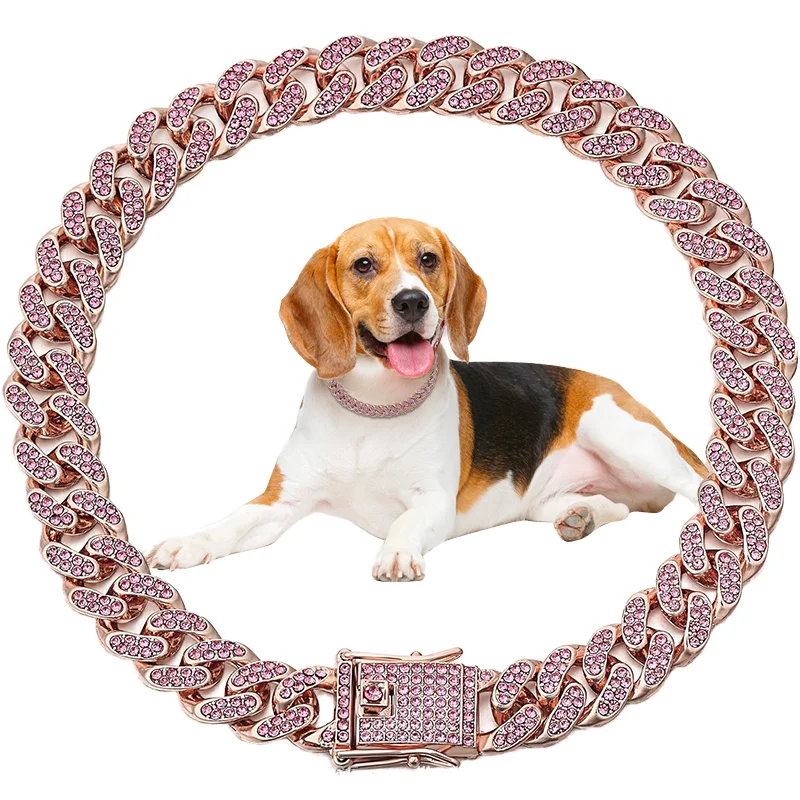 Factory Supply Bling Rhinestone Alloy Metal Dog Collar Hip Hop Style Cuban Link Necklace Ribbon