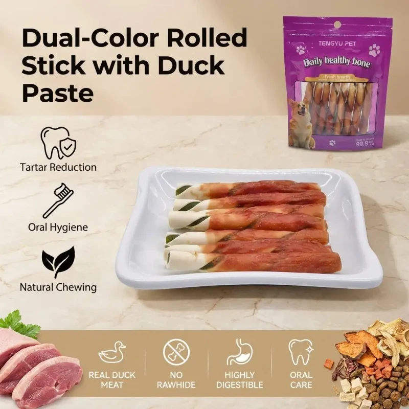 Factory Two Tone Twisted Dog Chew Sticks with Duck Paste OEM ODM Supply