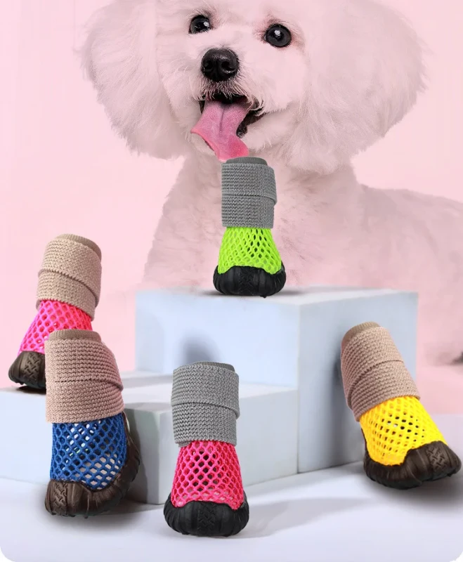 Fashion Hot Selling Small 4 Pcs set Breathable Dog Shoes Cute Anti Slip Dog Boots Soft Candy Colors Dog Shoes Mesh Pug Products