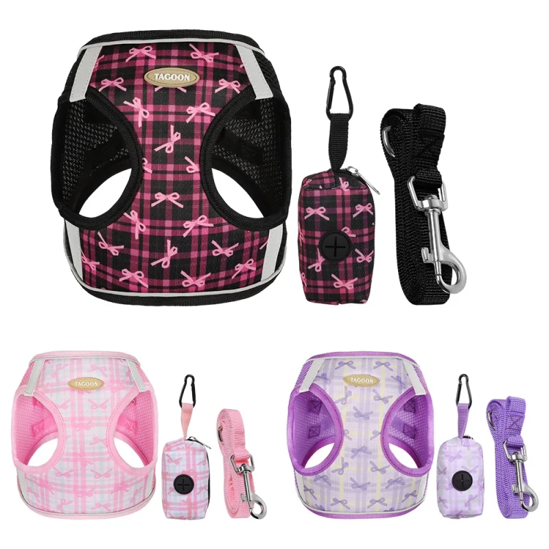 Fashionable Anti Break PU Traction Rope Buckle Closure Cute Dog Collar with Printed Bow Style for All Breeds