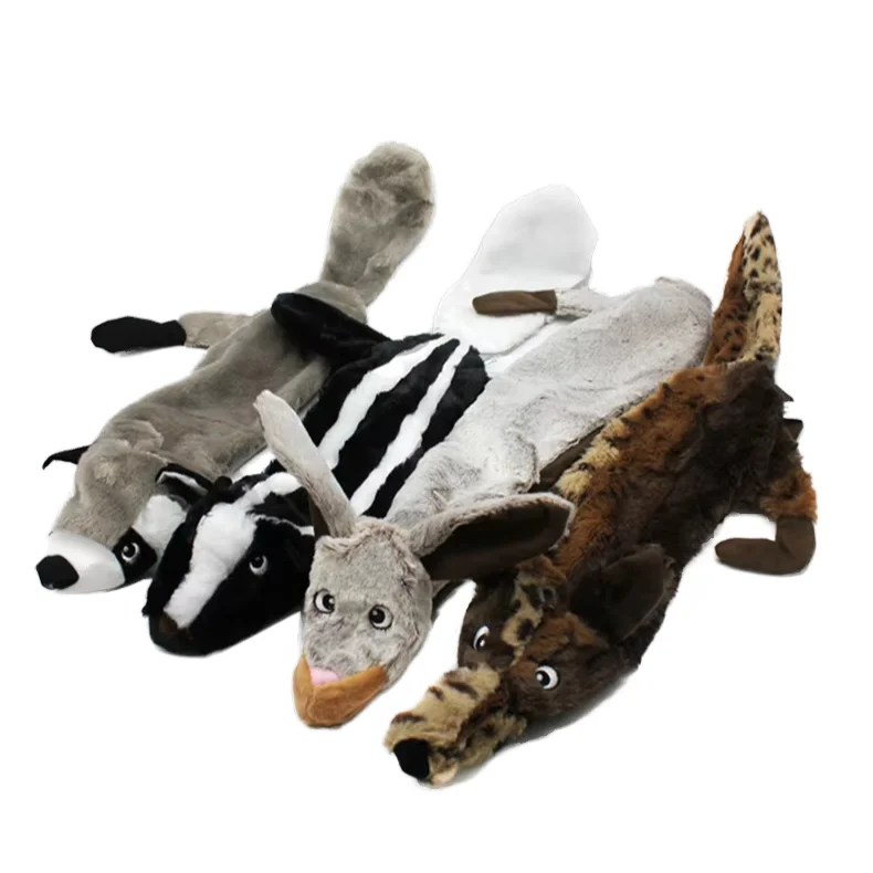 Faux Fur Dog Squeak Toys No Stuffing Raccoon Rabbit Tug of War Dog Toys