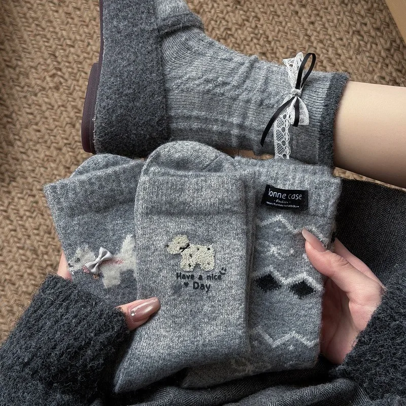 Female Cartoon Puppy Socks with Bow Grey Wool Socks Versatile and Warm Thick Mid-calf Socks for Winter