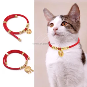 Festive Braided Rope Dog Cat Collar with Longevity Lucky Charm Pendant Alloy Gold Pet Necklace for New Year Gifts