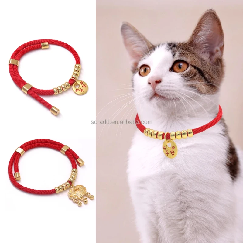 Festive Braided Rope Dog Cat Collar with Longevity Lucky Charm Pendant Alloy Gold Pet Necklace for New Year Gifts