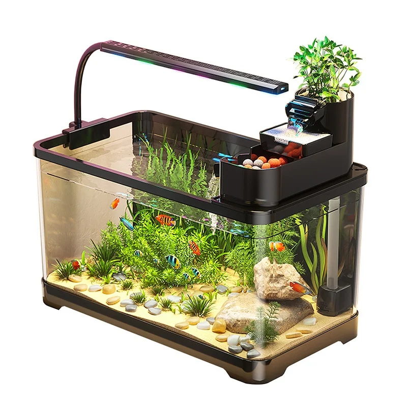 Fish Tank Desktop Square Acrylic Aquarium with LED Filter Decal Kit for Home Office