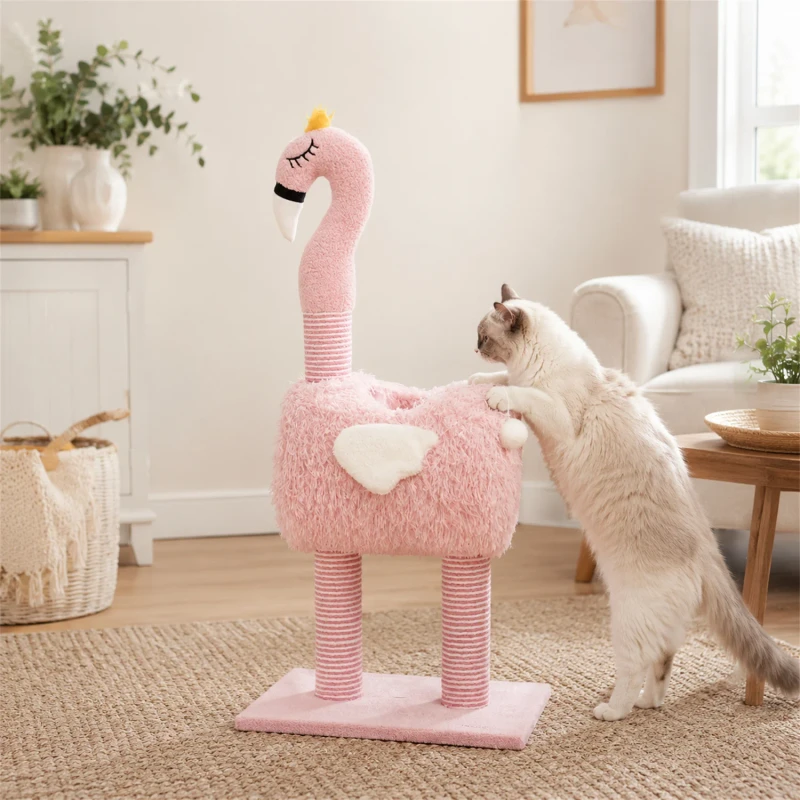 Flamingo Cat Tree Tower with Sisal Scratching Board Indoor Cat Climbing Frame & Interactive Cat Toy Furniture