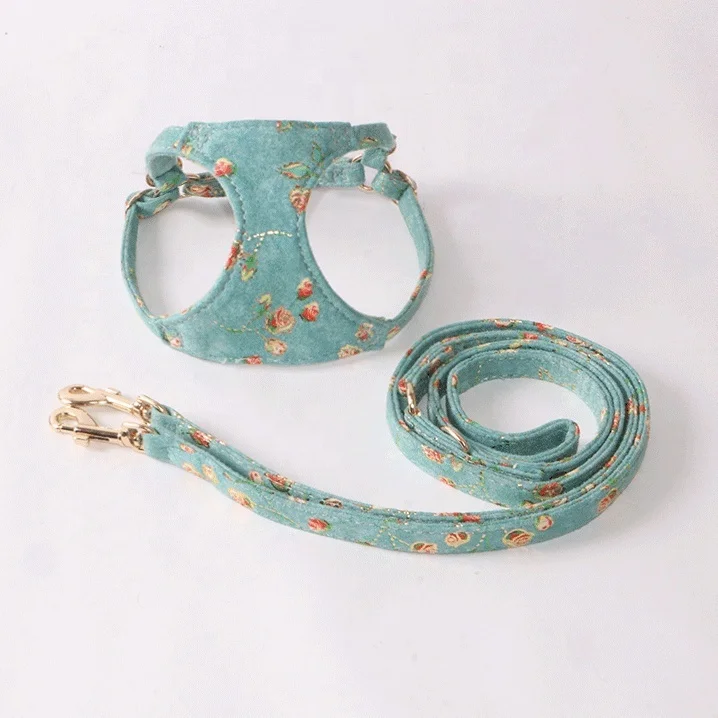 Floral Pattern Pet Harness Set Suede Style Dog Harness Leash Set Dog Harness Fashion Pet Walking Set Luxury Pet Clothes