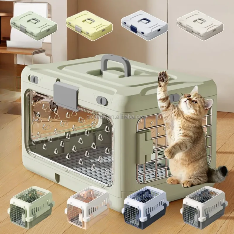 Foldable Pet Airline Crate Breathable Transparent Outdoor Cat Travelling Carrier with Handle