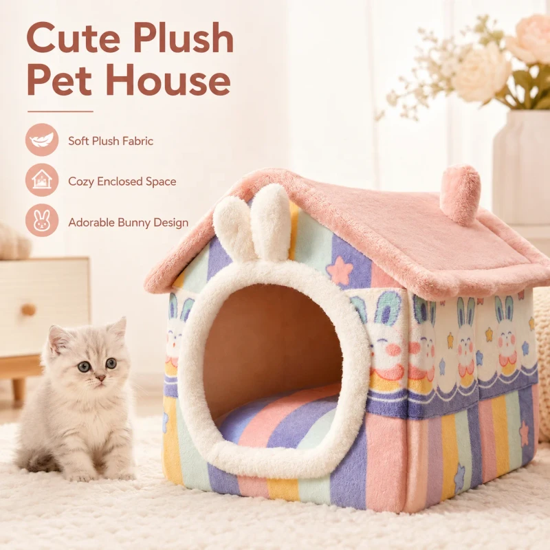 Foldable Pet Cave Bed Warm Cat Dog House with Removable Washable Cushion Non Slip Bottom Indoor Winter Kennel