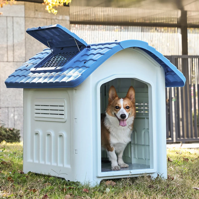 Foldable Plastic Dog Outdoor Kennel House with Skylight, Rainproof Design and Plastic Tray