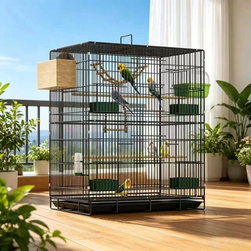 Foldable Square Classic Double Layer Metal Bird Cage Large Parrot Aviary for Macaw Budgie Lovebird Easy Assembly Bird