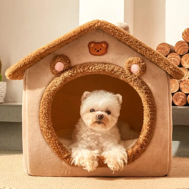 For Dogs & Cats Winter Warm Soft Bed and Washable Brown Pet Foldable Dog House with Mat with Removable Washable Cover Pet Beds