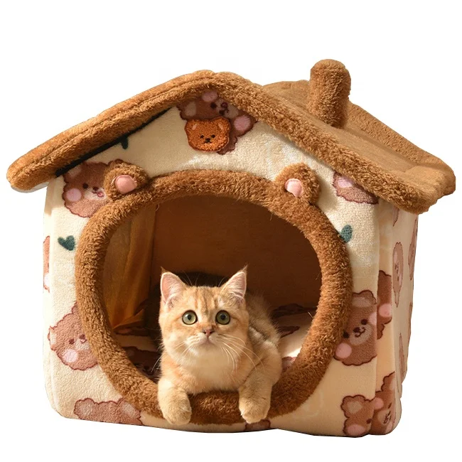 Four Seasons Cat Dog House Bed Kennel Foldable Puppy Nest Warm Cave Sleeping Bed Cute Cover Pet Bed House Indoor Furniture