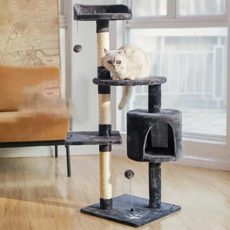 Four story Natural Sisal Wood Cat Tree Christmas Scratching Post Large Cat Scratcher Hammock Tower House Multi Level Platform