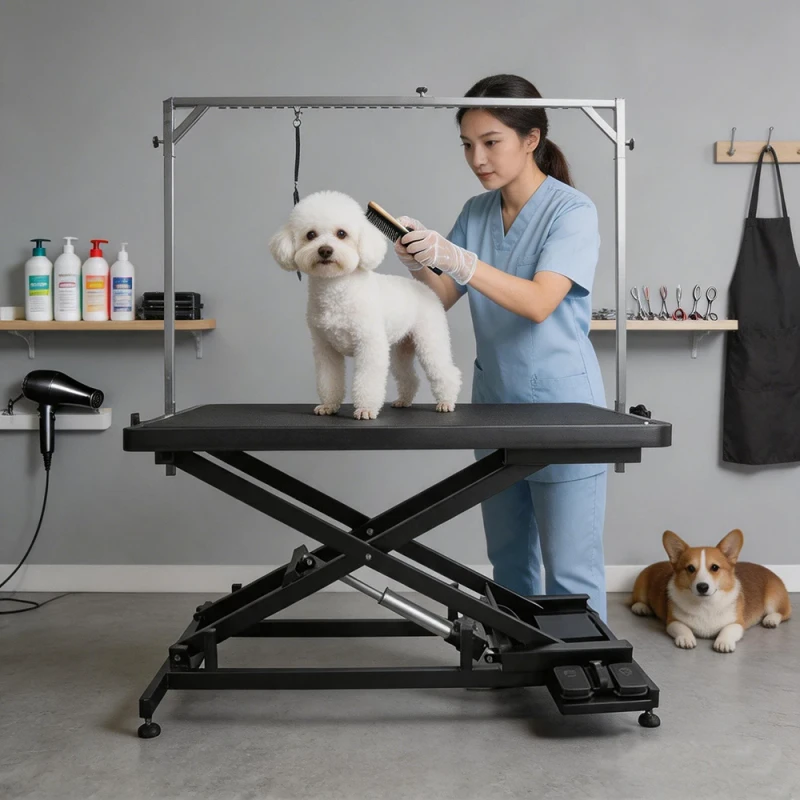 Full Black Height Adjustable Foldable Dog Grooming Electric Table for Dogs with Various Sizes and Security Protection