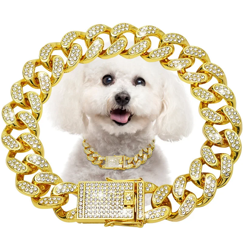 Full Crystal Cuban Chain Pet Collar 20mm Wide Hip Hop Style Heavy Alloy Punk West Coast Fashion