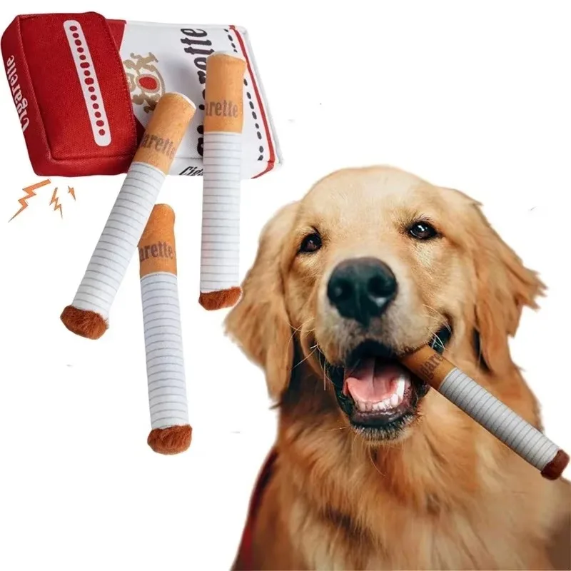 Funny Creative Cigarette Interactive Dog Toys Plush Cigarette Dog Toy Chewing Toy with Squeaking Sound Cigarette Hiding Pipe Bag