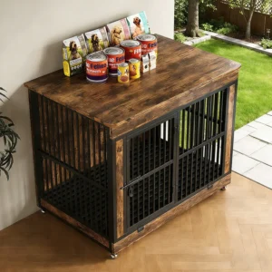 Furniture Style Wooden Dog Cage Breathable Metal Pet Crate with Double Doors and Removable Tray for Indoor Use