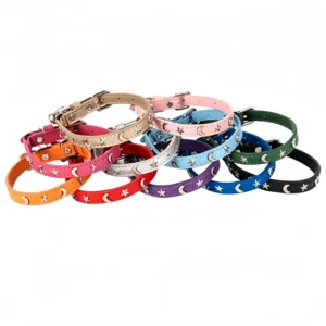 Genuine Leather Star Moon Rivet Pet Collar with Bell Adjustable Cat Dog Necklace Collar Buckle Closure for Pets