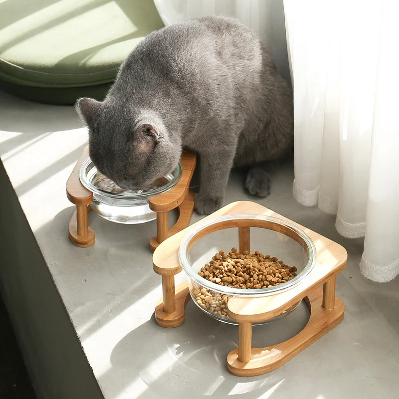 Glass Pet Bowl Wooden Stand Dog Feeding Food Bowls