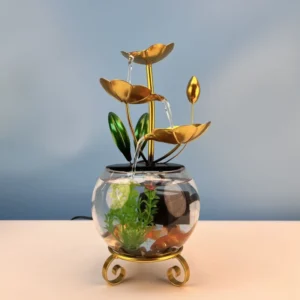 Golden Metal Water Fountain with Quiet Fish Tank Mini Aquarium for New Year Gift Home Decor Desktop Decoration