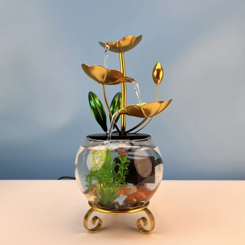 Golden Metal Water Fountain with Quiet Fish Tank Mini Aquarium for New Year Gift Home Decor Desktop Decoration