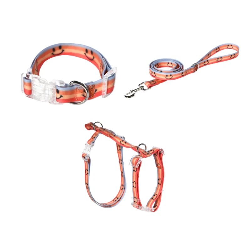 Gradient Smiley Waterproof TPU Dog Collar Harness and Leash Set Adjustable Pet Walking Set for Small Medium Large Dogs