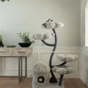 Gray Luxury Modern Eco Friendly 4 Level Sisal and Wood Floral Cat Tree Tower with 165cm Height for Cat Climbing and Scratching