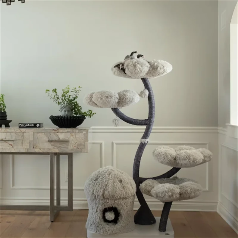Gray Luxury Modern Eco Friendly 4 Level Sisal and Wood Floral Cat Tree Tower with 165cm Height for Cat Climbing and Scratching