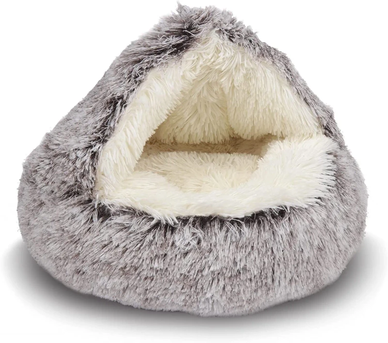 Half Closed Pet Bed with Calming Cave Design Recycled Fabric and Removable Hooded Cover for Dog and Cat Travel Feature Animal