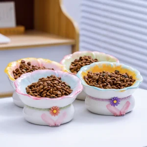 Hand-Painted Flower Ceramic Pet Bowl Neck Protective Anti-Slip Pet Feeder for Cats & Kittens Raised Ceramic Food Water Bowl